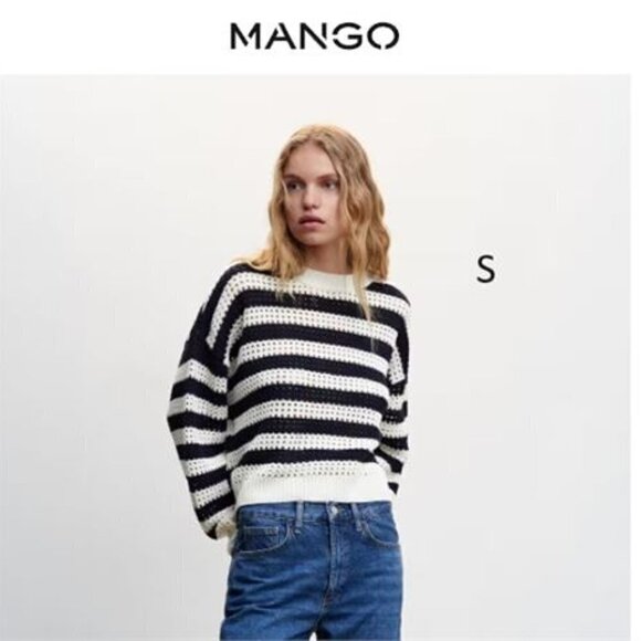 Mango Sweaters - Mango - Ladies, Striped Openwork Knit Sweater - Navy. Size: S. NWT